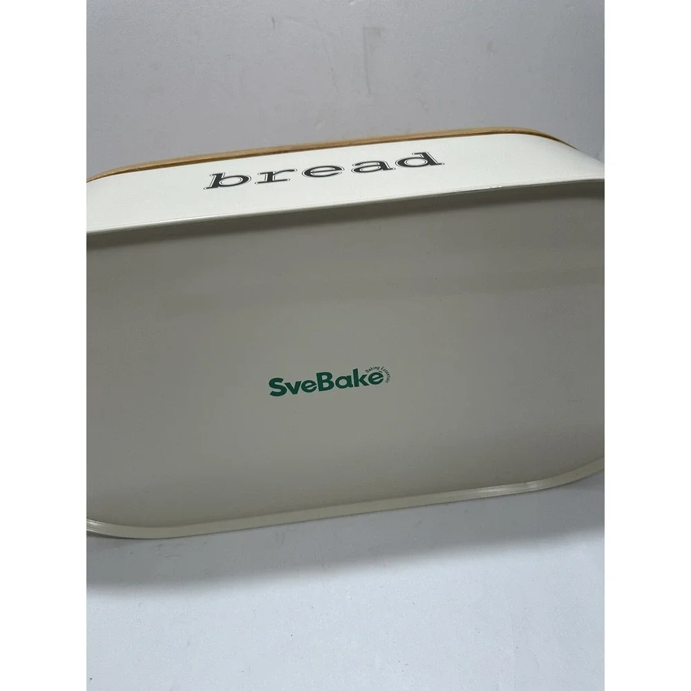 SveBake Bread Box Metal With Bamboo Top Cutting Board Lid Beautiful 